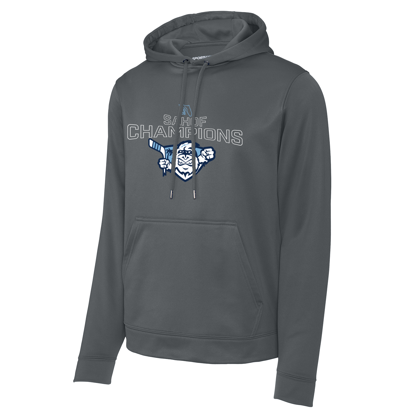 Crunch performance hoodie, 2026 SAHOF Champions logo, dark smoke grey